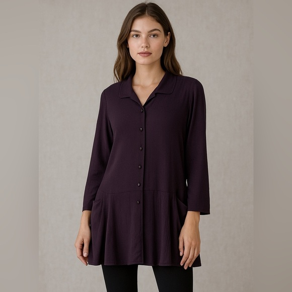 Flax Tops - Flax Purple Crepe Button Front Tunic Top Pockets Lagenlook Artisan Blouse Small